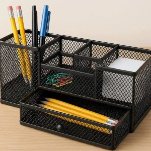 Mesh Metal Desk Organizer Box Multi Slot Stationary Storage Case Drawer Pencil Cup For Office School Home Supplies