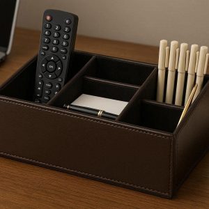 Faux Leather Desk Organizer Box Deluxe Stationery Storage Case Velvet Lining Multi Compartments Remote Control Holder Executive