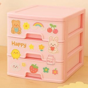 Cute Plastic Desk Organizer Box Mini Storage Drawers Container Cartoon Stickers Decorative Stationery Case For Girls Kids