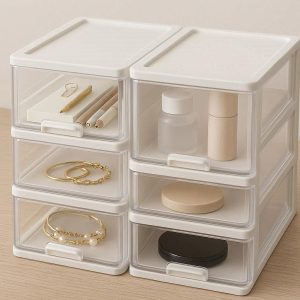 Stackable Plastic Desk Organizer Box Storage Drawers Modular Desktop Stationery Container Cosmetic Makeup Jewelry Case Clear