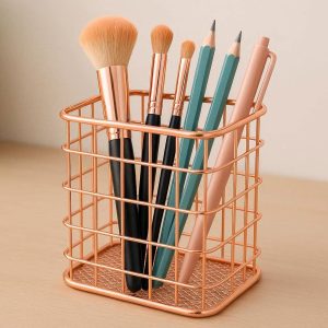 Rose Gold Wire Pen Holder Cute Metal Pencil Cup Makeup Brush Holder Cosmetic Organizer For Women Girls Desk Office