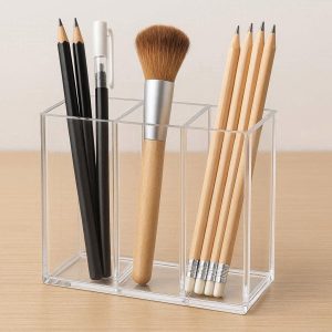 Clear Acrylic Pen Holder 3 Slots Transparent Desk Pencil Cup Makeup Brush Storage Organizer Box Stationery Stand