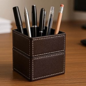 Faux Leather Pen Holder Deluxe Desk Pencil Cup Double Layer Stationary Storage Box Velvet Lining Office Decoration